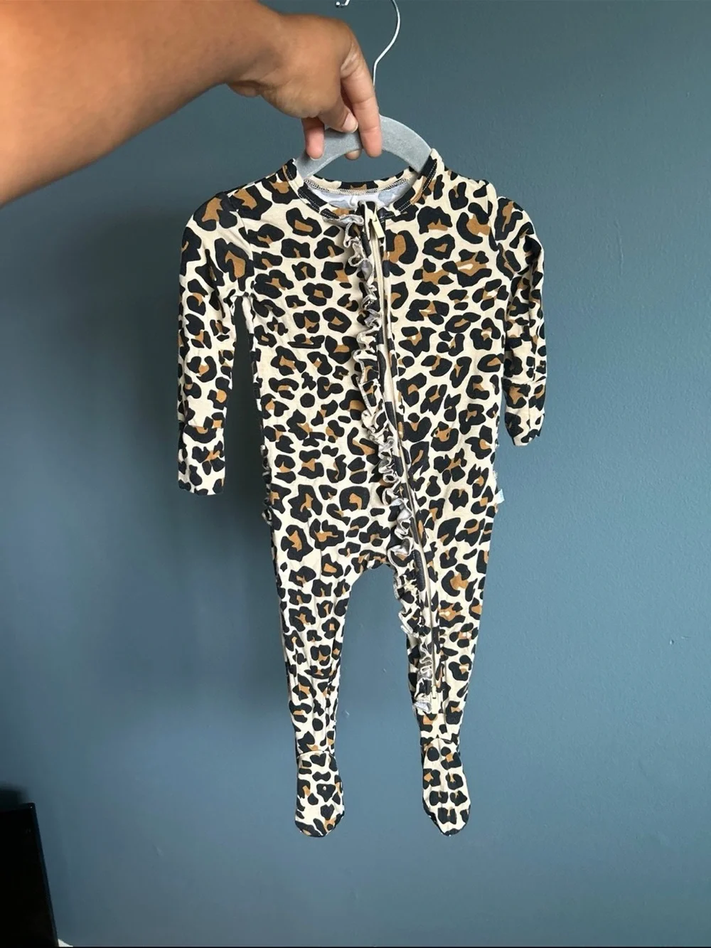 Posh Peanut Leopard Ruffle Zip Footed Pajamas - Cream, Brown, Black